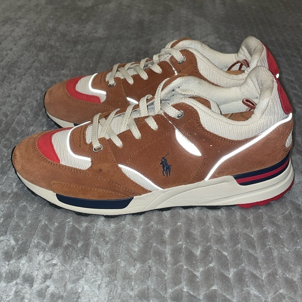Polo Ralph Lauren Men’s 10 Trackstr 200 Suede Leather Retro Sneakers Brown Red - Picture 3 of 14